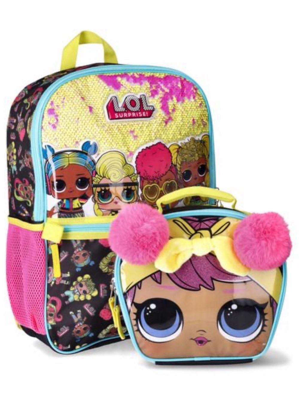 L.O.L. Surprise! Pink, Yellow & Aqua Sequin Backpack with Character Lunch Bag